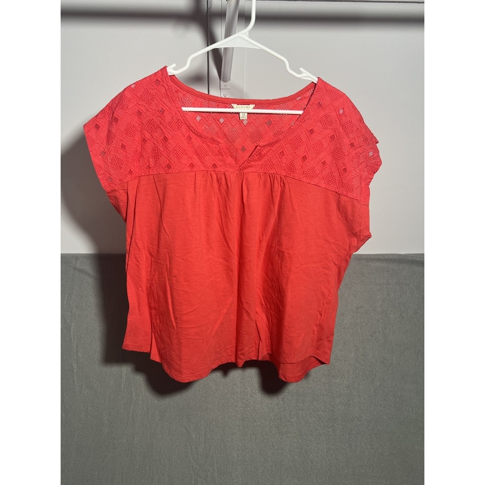 SONOMA LIFE+STYLE Women's Plus 1X Coral Embroidered Yoke Short Sleeve Top Blouse